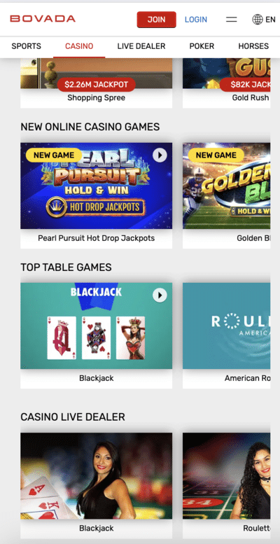 casino app Bovada list of top table games